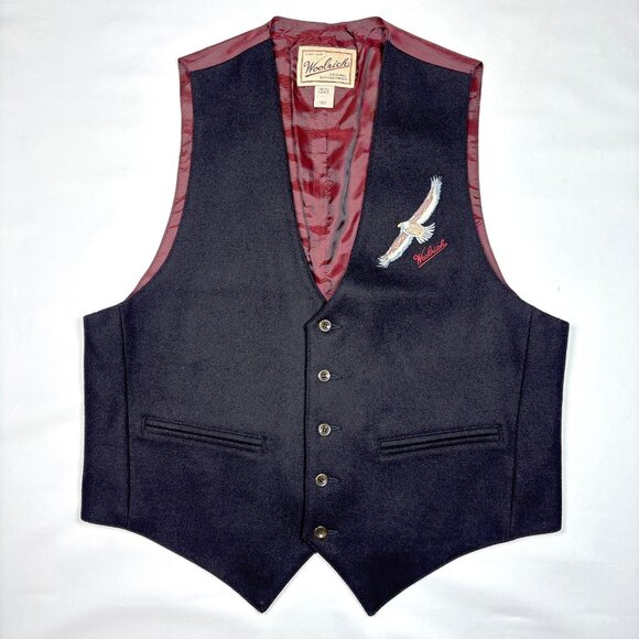 Vintage Woolrich Black Embroidered Eagle Wool 5-Button Western Vest Mens Large - Picture 1 of 7
